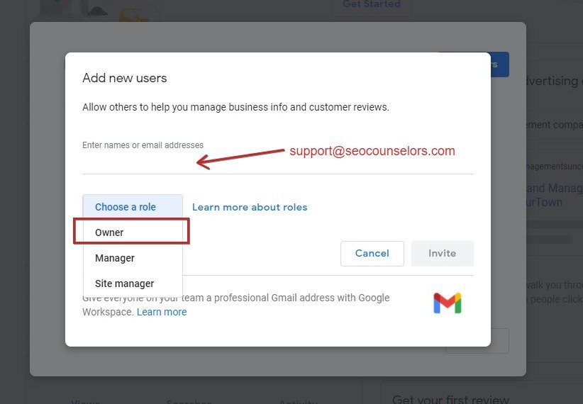Google My Business - Add user and give permission to email